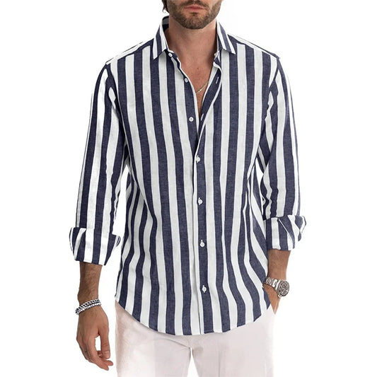 2023 New Men's Shirt Long Sleeved Lapel Striped Shirts Loose Fitting