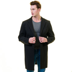 Men's European Black Wool Coat Hooded Jacket Tailor fit Fine Luxury