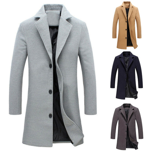 Autumn Winter Fashion Men's Woolen Coats Solid Color Single Breasted