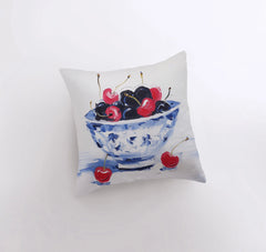 Black and Red Cherry Bowl | Gouache Painting | Food Pillow | Fruit |