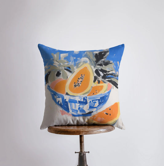 Blue Papaya Bowl | Gouache Painting | Food Pillow | Fruit Abstract