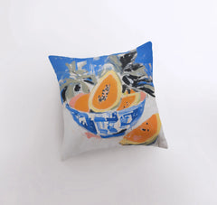 Blue Papaya Bowl | Gouache Painting | Food Pillow | Fruit Abstract