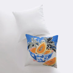 Blue Papaya Bowl | Gouache Painting | Food Pillow | Fruit Abstract