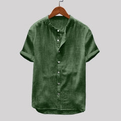 Cotton Linen Shirt Men Breathable Casual Short Sleeve Button Tee Tops