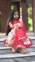 Red Chanderi Lehenga Choli Kids Set (set of 3)