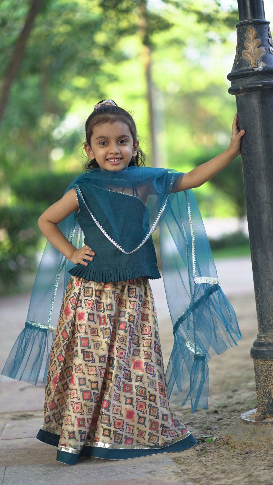 Teal Blue Chanderi Lehenga Choli Kids Set (set of 3)