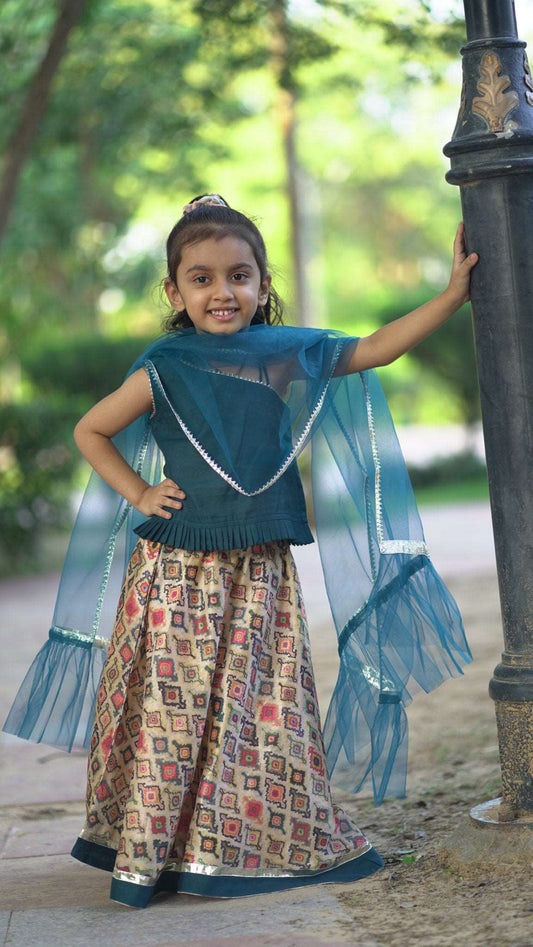 Teal Blue Chanderi Lehenga Choli Kids Set (set of 3)