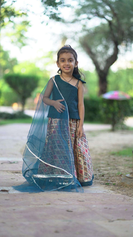 Teal Blue Chanderi Lehenga Choli Kids Set (set of 3)