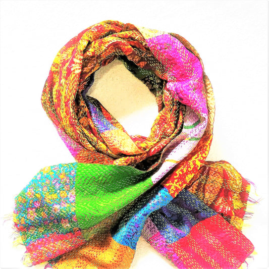 Vintage Silk Saree Kantha throw - Hand Stitched Upcycled