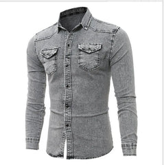 Men Denim Shirt Cotton Jeans Overshirt Slim Fit Long Sleeve Stylish