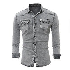 Men Denim Shirt Cotton Jeans Overshirt Slim Fit Long Sleeve Stylish