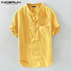 INCERUN Summer Casual Men Shirts Stand Collar Solid Cotton Blouse