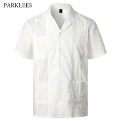 Embroidery Floral Patchwork Shirts for Men Casual Multi-Pocket Mens