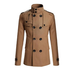 Men Windbreaker Coat Solid Color Double-breasted Wool Overcoat Formal