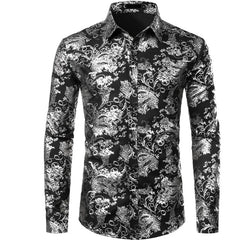 Shiny Paisley Printed Luxury Dress Shirts Men Long Sleeve Casual