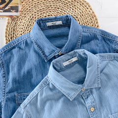 100% Cotton short sleeved summer denim shirt men fashion blue shirts