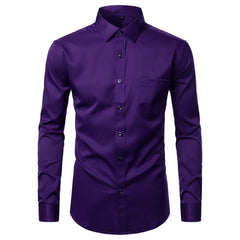 Purple Mens Dress Shirts Casual Slim Fit Bamboo Fiber Elastic Office