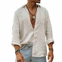 New Casual Cotton Linen Shirts Standing Collar Male Solid Color Long