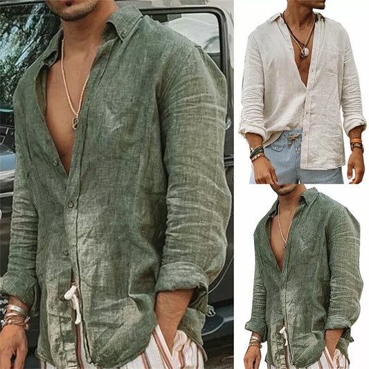 2024 Men Casual Cotton Linen ShirtsStanding Collar Male Solid Color