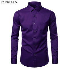 Purple Mens Dress Shirts Casual Slim Fit Bamboo Fiber Elastic Office