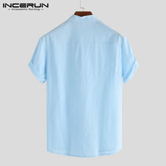 INCERUN Summer Casual Men Shirts Stand Collar Solid Cotton Blouse