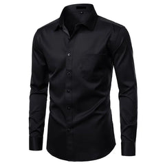 Black Bamboo Fiber Shirt Men Casual Slim Fit Mens Dress Shirts Solid