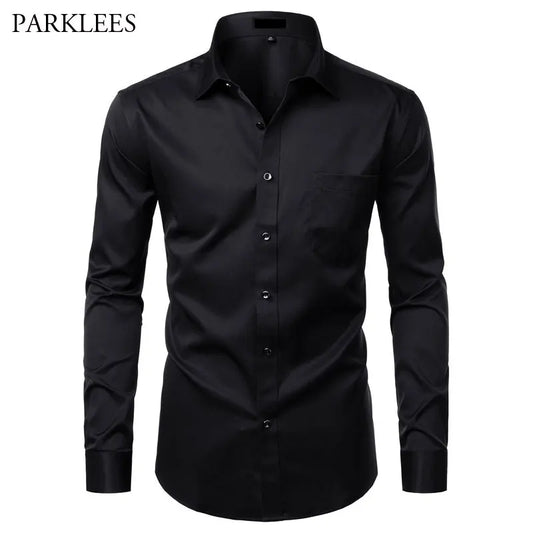 Black Bamboo Fiber Shirt Men Casual Slim Fit Mens Dress Shirts Solid