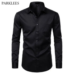 Black Bamboo Fiber Shirt Men Casual Slim Fit Mens Dress Shirts Solid