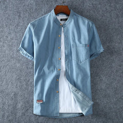 Men's Blue Denim Shirts Short Sleeve Jean Shirts New Summer High