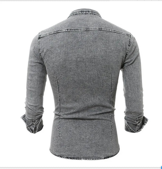 Men Denim Shirt Cotton Jeans Overshirt Slim Fit Long Sleeve Stylish