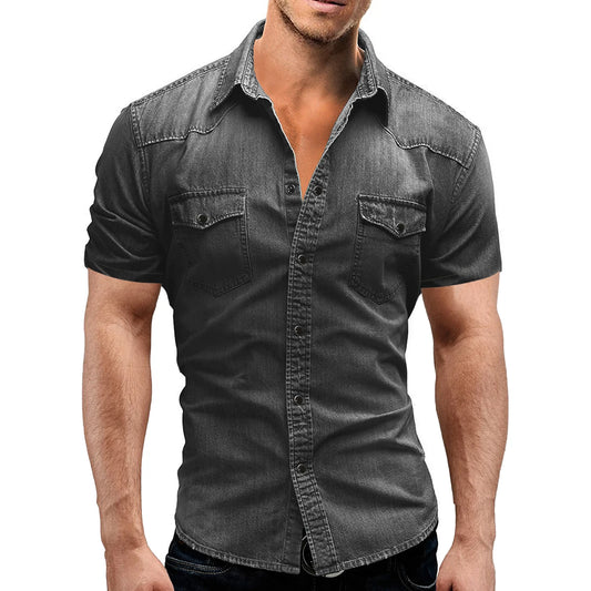 Men Summer Denim Thin Shirt Short Sleeve Soft Cotton Two Pockets Slim