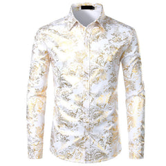 Shiny Paisley Printed Luxury Dress Shirts Men Long Sleeve Casual