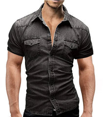 Men Summer Denim Thin Shirt Short Sleeve Soft Cotton Two Pockets Slim