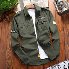 Men's Shirts Military Casual Shirt Cotton Khaki Retro Slim Fit with