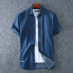 Men's Blue Denim Shirts Short Sleeve Jean Shirts New Summer High