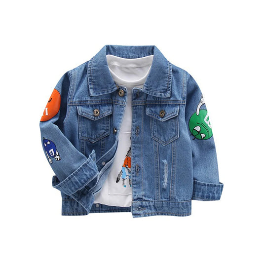 MUABABY Baby Boy Denim Jacket Kids Cartoon Appliques Tops Autumn