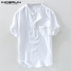 INCERUN Summer Casual Men Shirts Stand Collar Solid Cotton Blouse