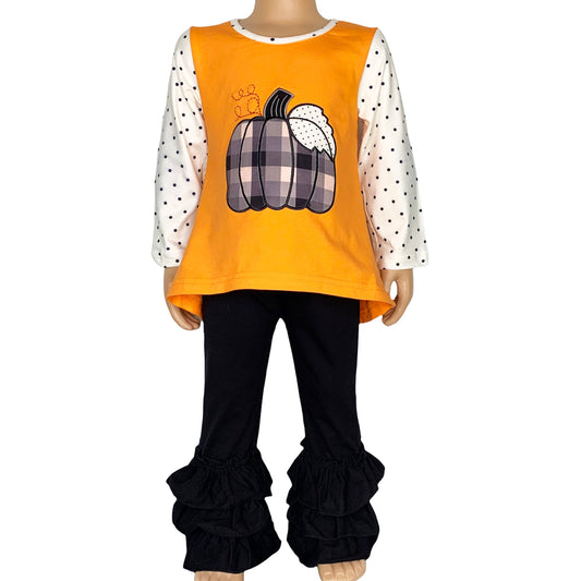 Girls Orange Pumpkin Top & Black Ruffle Pants Halloween Thanksgiving