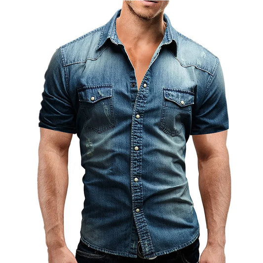 Men Summer Denim Thin Shirt Short Sleeve Soft Cotton Two Pockets Slim