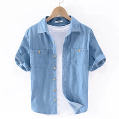 100% Cotton short sleeved summer denim shirt men fashion blue shirts