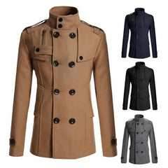 Men Windbreaker Coat Solid Color Double-breasted Wool Overcoat Formal