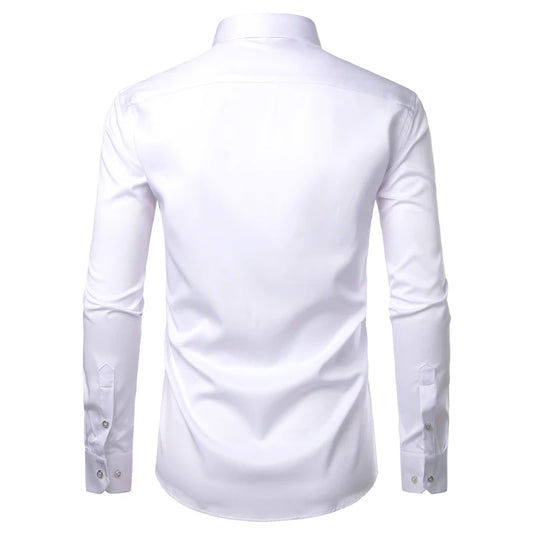 Mens White Bamboo Fiber Dress Shirts Slim Fit Wrinkle Free Casual