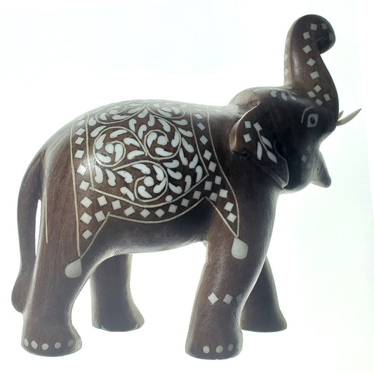 Hand Carved Wooden Indian Elephant Statue with Resin Inlay Decoration