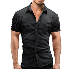 Men Summer Denim Thin Shirt Short Sleeve Soft Cotton Two Pockets Slim