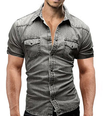 Men Summer Denim Thin Shirt Short Sleeve Soft Cotton Two Pockets Slim