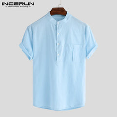 INCERUN Summer Casual Men Shirts Stand Collar Solid Cotton Blouse