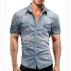 Men Summer Denim Thin Shirt Short Sleeve Soft Cotton Two Pockets Slim