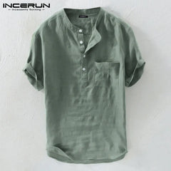 INCERUN Summer Casual Men Shirts Stand Collar Solid Cotton Blouse