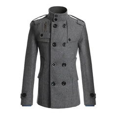 Men Windbreaker Coat Solid Color Double-breasted Wool Overcoat Formal