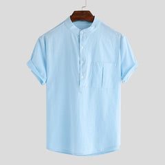 INCERUN Summer Casual Men Shirts Stand Collar Solid Cotton Blouse